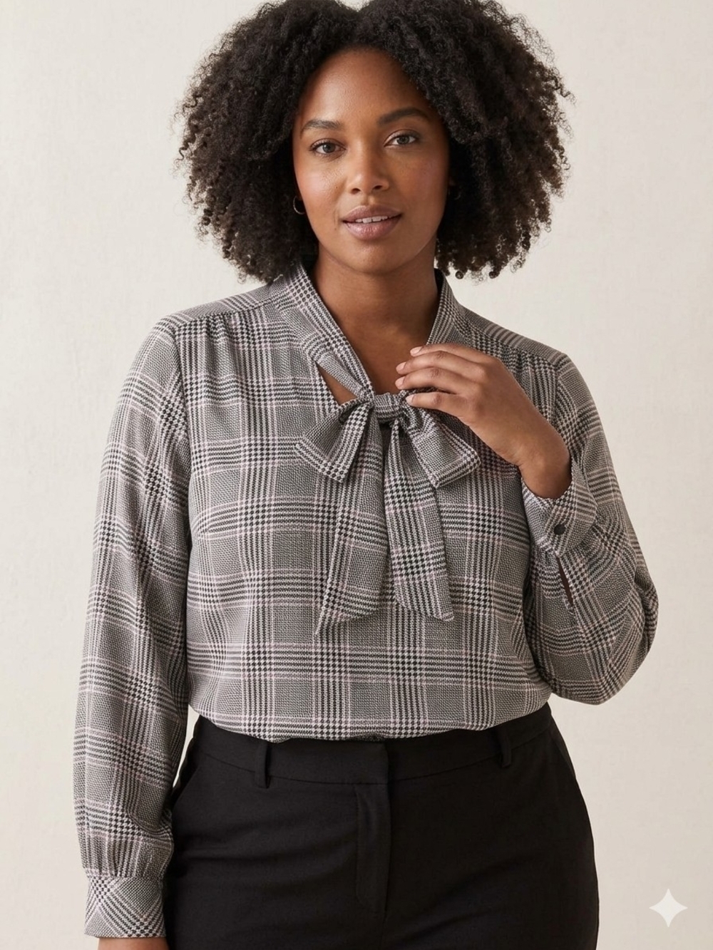 torrid Gray Plaid Tie-Neck Long Sleeve Satin Blouse Size 2 Workwear Feminine